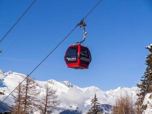 a red cable car flying over a snow covered mountain at Chalet Alphütte in Rosswald