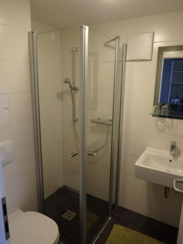 a bathroom with a shower and a toilet and a sink at Garni Hotel Lavendelhof in Nauen