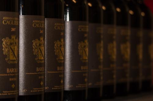 a row of bottles of wine on a shelf at Agriturismo Il Ciabot in Barolo