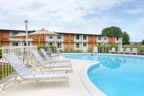 a swimming pool with lounge chairs and an umbrella at Quality Inn in Winchester