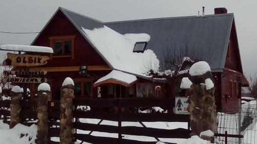 a house covered in snow in front of it at Olsik in Białowieża