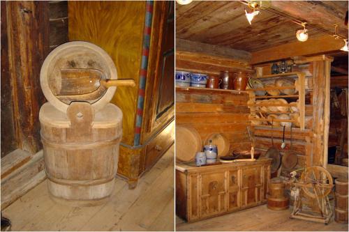 two pictures of a room with a wooden cabin with a barrel at Plonerhof in Hopfgarten in Defereggen