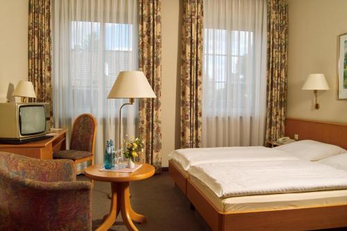 ein Hotelzimmer mit einem Bett, einem TV und einem Stuhl in der Unterkunft Hotel Restaurant Witte in Ahlen