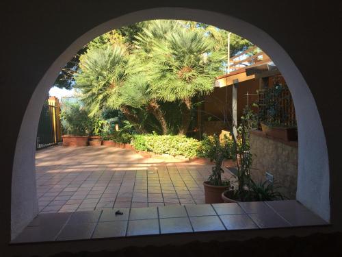 an archway with a palm tree in a courtyard at Appartamenti Cala Azzurra in Scopello