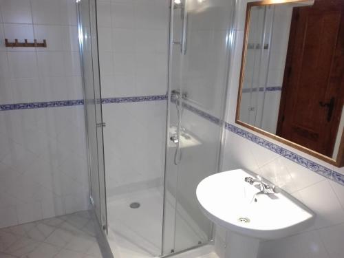 a bathroom with a shower and a sink and a mirror at La Posada del Recovero in Genalguacil