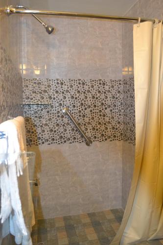 a bathroom with a shower with a shower curtain at Montecristo Inn in Piarco