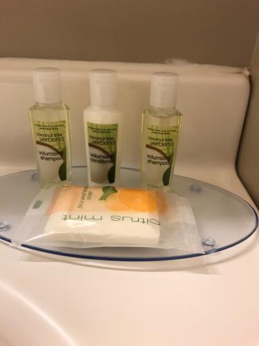 two bottles of moisturizers sitting on top of a sink at Holiday Motel & RV Resort in Hope