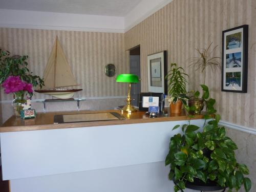 a kitchen with a counter with a boat on the wall at Motel Belle Riviere in Saint-Jean-sur-Richelieu