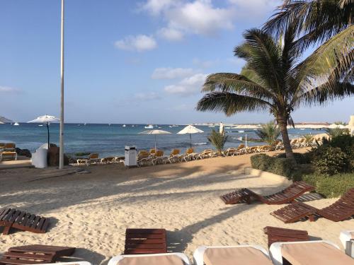 a beach with chairs and umbrellas and the ocean at Porto Antigo 2 in Santa Maria