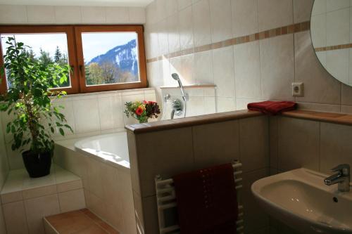 La salle de bains est pourvue d'un lavabo, d'une baignoire et d'une fenêtre. dans l'établissement Alpenhof Reuterwanne, à Wertach