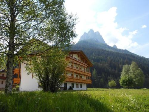 a building in a field with a mountain in the background at Residence Dolomia in Pozza di Fassa