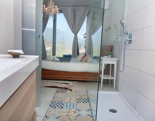 a bathroom with a shower and a bed with a window at Les Suites in Santa María de Palautordera