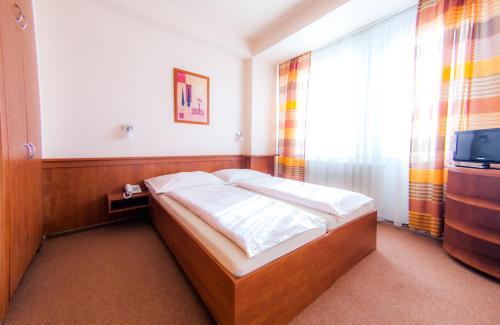 a small bedroom with a bed and a television at Hotel Vsacan in Vsetín