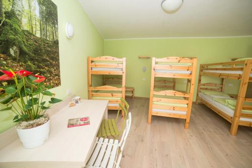 a room with bunk beds and a table and chairs at Hostel L'Ost - Ostello di Grumes in Grumes