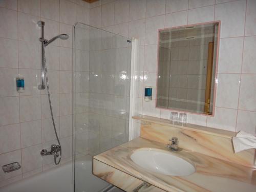 a bathroom with a sink and a shower with a mirror at Donau-Rad-Hotel Wachauerhof in Marbach an der Donau