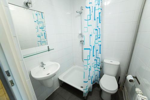 Un baño con inodoro, lavabo y ducha. en Klimczoka 6, en Katowice