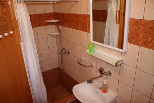 uma casa de banho com um lavatório, um espelho e um chuveiro em Villa Tina em Rogoznica