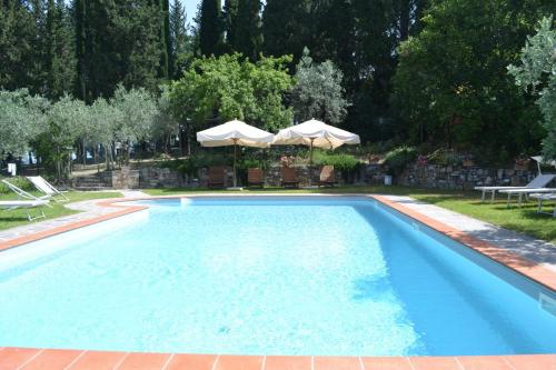 a swimming pool with blue water in a yard with umbrellas at Tenuta Poggio ai Mandorli in Greve in Chianti