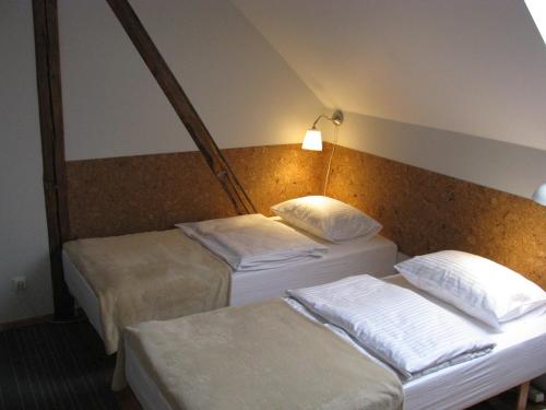 a hotel room with two beds in a room at Miško Apartments in Šilutė