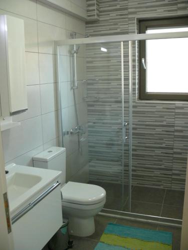 a bathroom with a shower and a toilet and a sink at Gocek Riviera Apart in Göcek