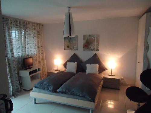 a bedroom with a bed with two lamps and a television at Studios Faoug in Faoug