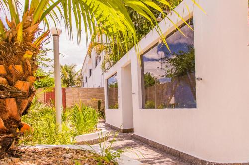 a white house with a palm tree in front of it at Hotel Pousada Recanto in Ilha Comprida