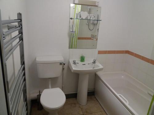 a bathroom with a toilet and a sink and a tub at Beautiful Seaview Penthouse Apartment in Bundoran