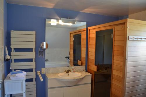 La salle de bains est pourvue d'un lavabo et d'un mur bleu. dans l'établissement B&B Wepa-hof, à Oud-Turnhout