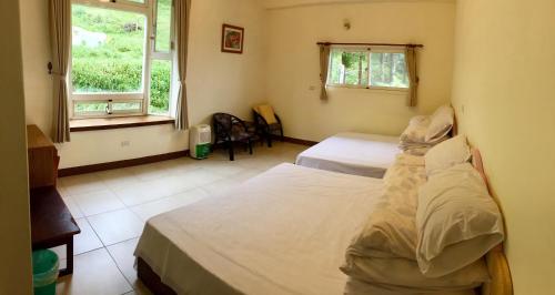 太麻里的住宿－青山農場民宿，一间卧室设有两张床和两个窗户。