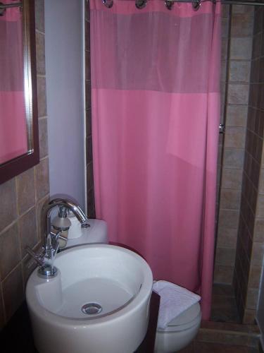 a bathroom with a pink shower curtain and a toilet at Luxury Villa Flora Kiparissia in Kyparissia