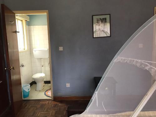 a bathroom with a staircase leading to a toilet at Teule Guest House in Oloitokitok 