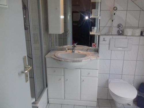 a bathroom with a sink and a toilet at Hansa Hotel in Düsseldorf