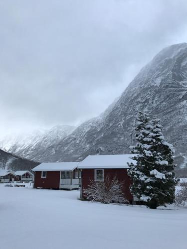 a snow covered house with a tree in front of a mountain at Gudvangen Camping in Gudvangen