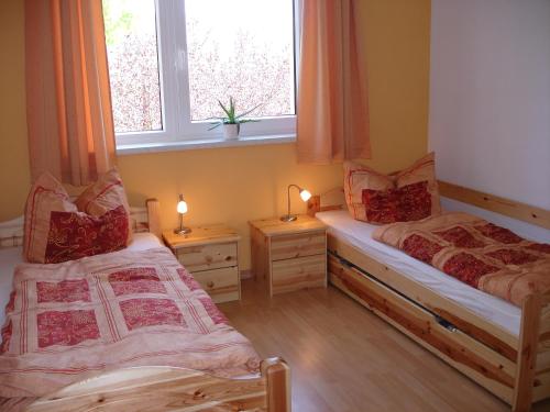 2 Betten in einem Zimmer mit 2 Fenstern in der Unterkunft Ferienhof Lilienstein in Bad Schandau