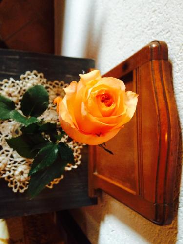 a yellow rose is in a wooden box at Ca di Voi in Calizzano
