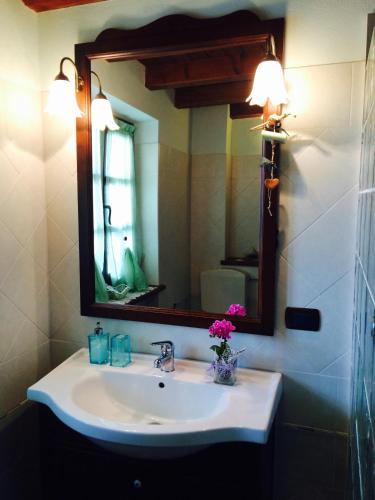 a bathroom sink with a mirror and a vase of flowers at Ca di Voi in Calizzano