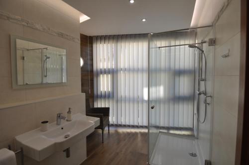 シュチルクにあるJaśminowe Ogrodyのバスルーム(洗面台、ガラス張りのシャワー付)