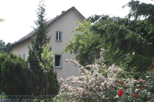 a white house with trees and flowers in front of it at Lahnhaus Brühl/ Fende Haus in Arfurt