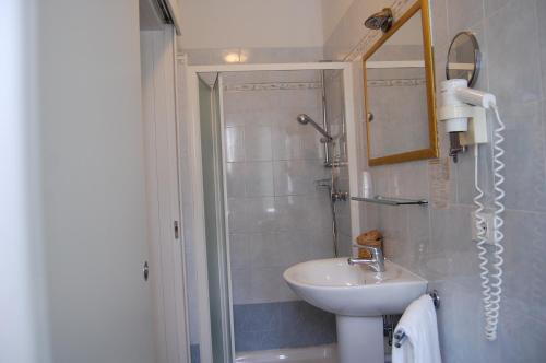 a small bathroom with a sink and a shower at Hotel Irene in Lignano Sabbiadoro