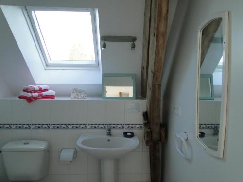a bathroom with a sink and a toilet and a window at Gites de la Motte Parent in Plouguenast Langast