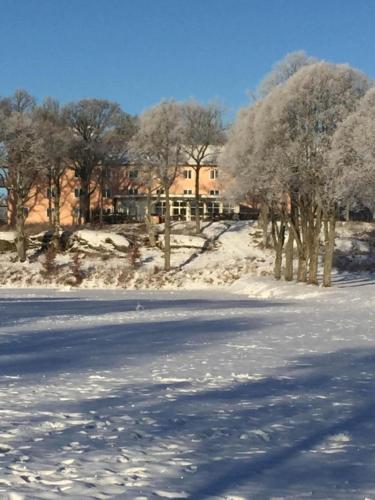a snow covered road with trees in the background at Hotel Hehrne Kök & Konferens in Vänersborg