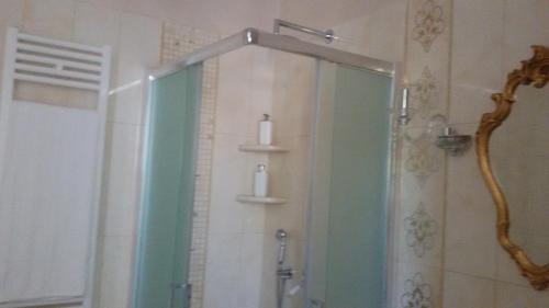 a shower with a glass door in a bathroom at Daphnae House in Palma di Montechiaro