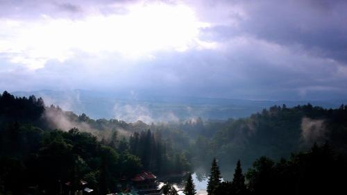 a view of a forest with the sun in the sky at Ensana Sovata in Sovata