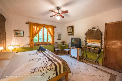 a bedroom with a bed and a tv in it at Hotel Casa Pomarrosa in Malinalco