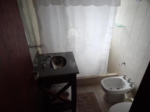 uma casa de banho com um lavatório e um WC em Villa Olimpia Cabañas em Villa Gesell