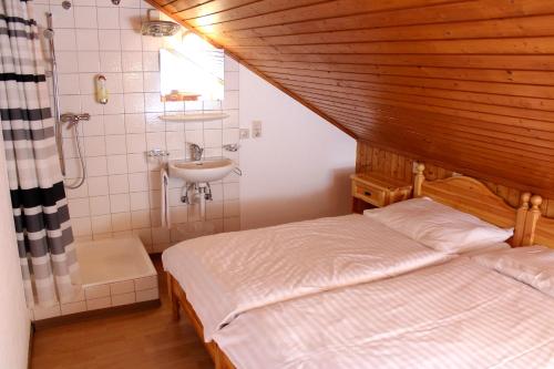 ein Schlafzimmer mit einem Bett und einem Waschbecken in einem Zimmer in der Unterkunft Hôtel - Restaurant Le Trift in Zinal