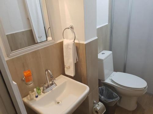 een kleine badkamer met een wastafel en een toilet bij Casa RyS Hotel in Ocotlán