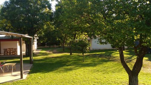 a green yard with a table and a tree at Complejo Leon in Villa Rumipal