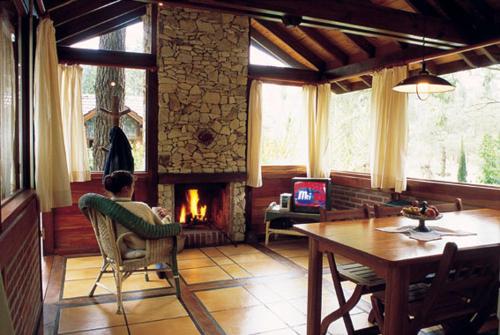 a man sitting in a chair in a living room with a fireplace at Cabañas El Ocio in Mar de las Pampas