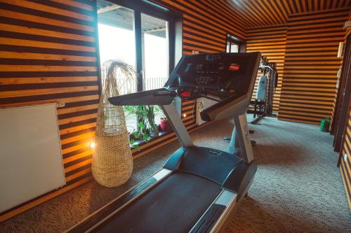 a gym with a treadmill in a room with a window at Lindenhof Hotel Tepe in Damme